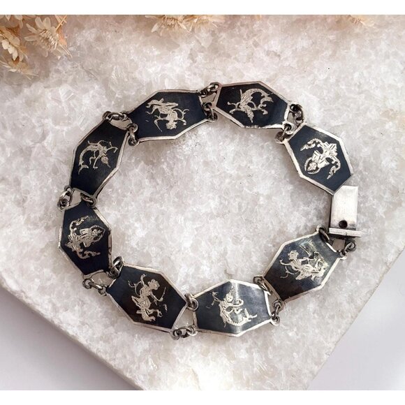 Siam Sterling Silver Hexagon Multi God & Goddess Figure 925 Vintage Bracelet - Picture 1 of 10